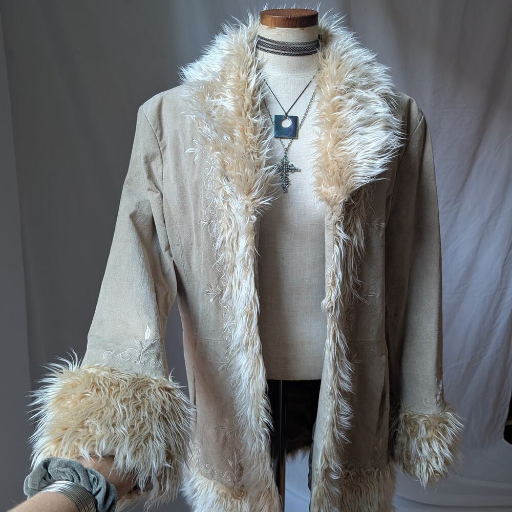 Y2K Vintage Tan Suede Penny Lane Jacket XL Faux Fur Coat Groovy Leather Coat
